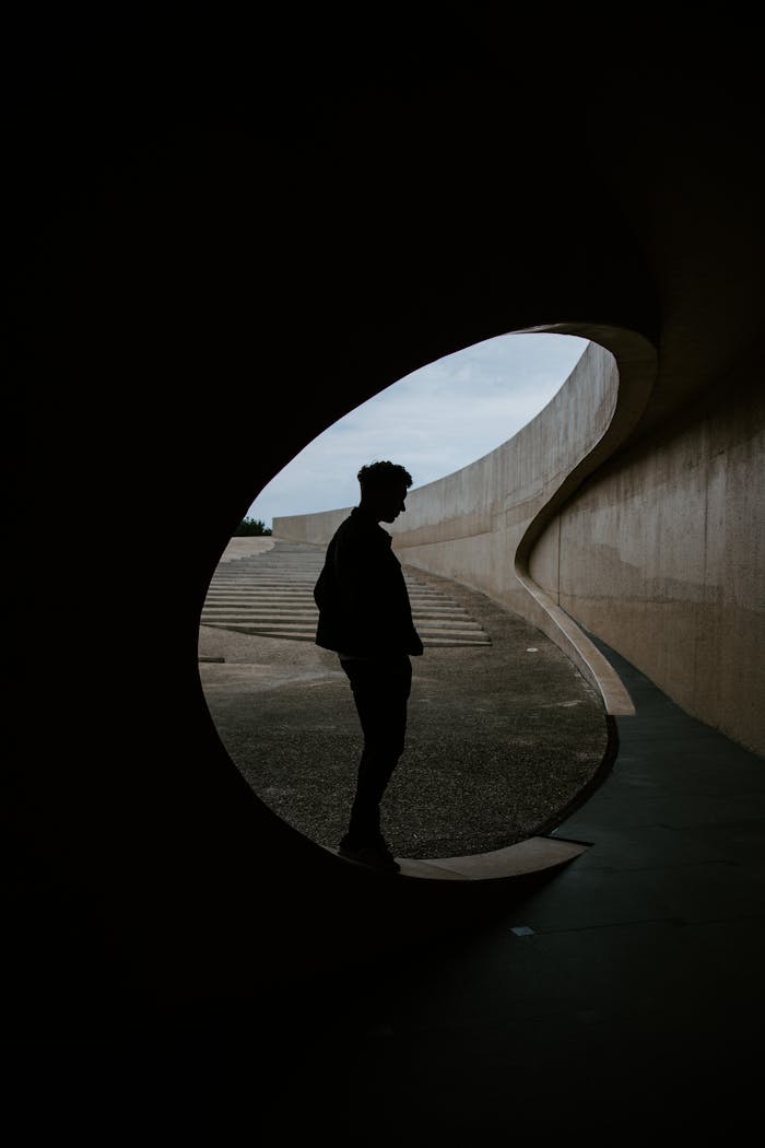 Silhouette of a man standing in a uniquely curved architectural frame, creating a modern urban scene.